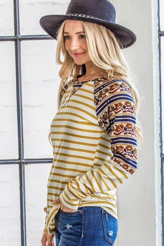And The Why Stripe Ethnic Print Raglan Top - Shop Style & More | Fresh Looks, Everyday Deals & Free Shipping