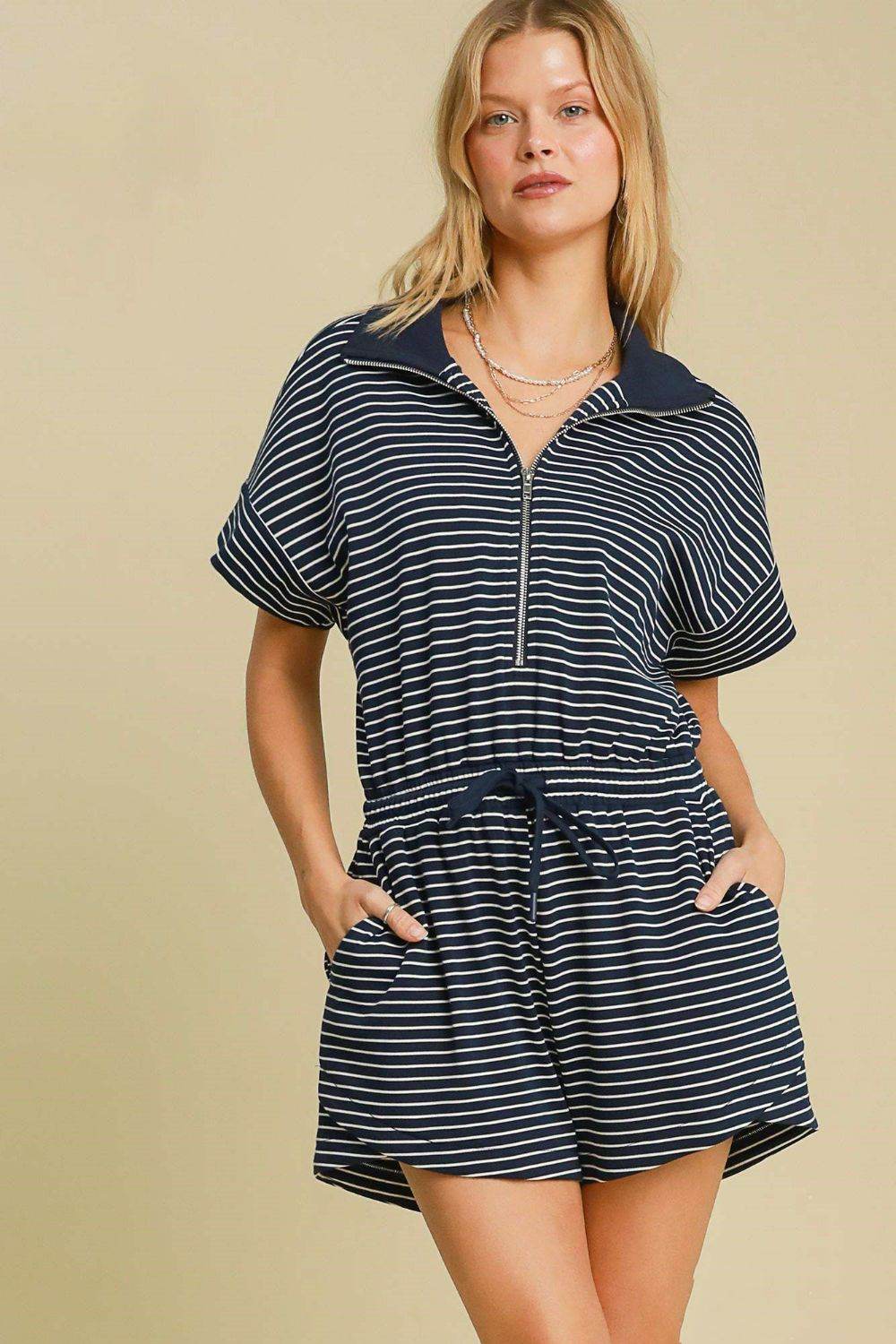 Umgee Full Size Half Zip Striped Romper Plus Size - Shop Style & More | Fresh Looks, Everyday Deals & Free Shipping