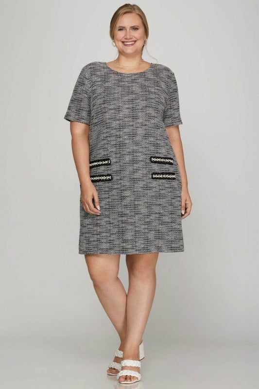 She + Sky Full Size Short Sleeve Pearl Studded Trim Knit Tweed Dress Plus Size - Shop Style & More | Fresh Looks, Everyday Deals & Free Shipping