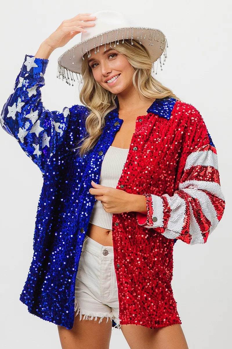 BiBi American Flag Sequin Snap Down Shirt - Shop Style & More | Fresh Looks, Everyday Deals & Free Shipping