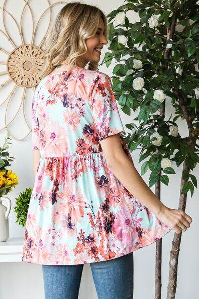 Heimish Floral V-Neck Babydoll Blouse - Full Size Short Sleeve Top - Shop Style & More | Fresh Looks, Everyday Deals & Free Shipping