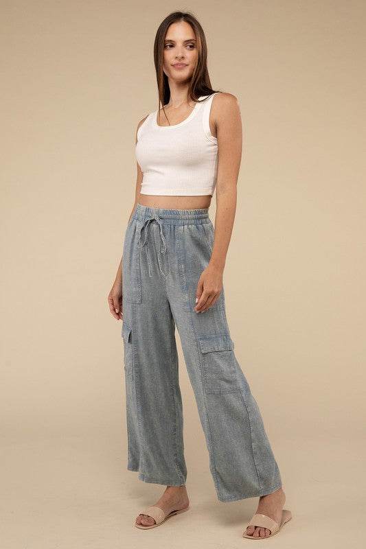Washed Linen Elastic Band Waist Cargo Pants - Shop Style & More | Fresh Looks, Everyday Deals & Free Shipping