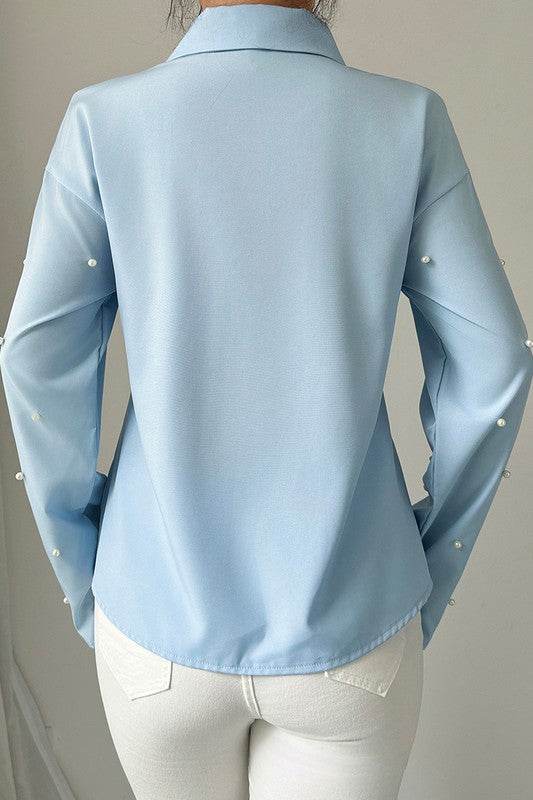 Solid Tie Front Pearl Embellished Fit Blouse - Shop Style & More | Fresh Looks, Everyday Deals & Free Shipping