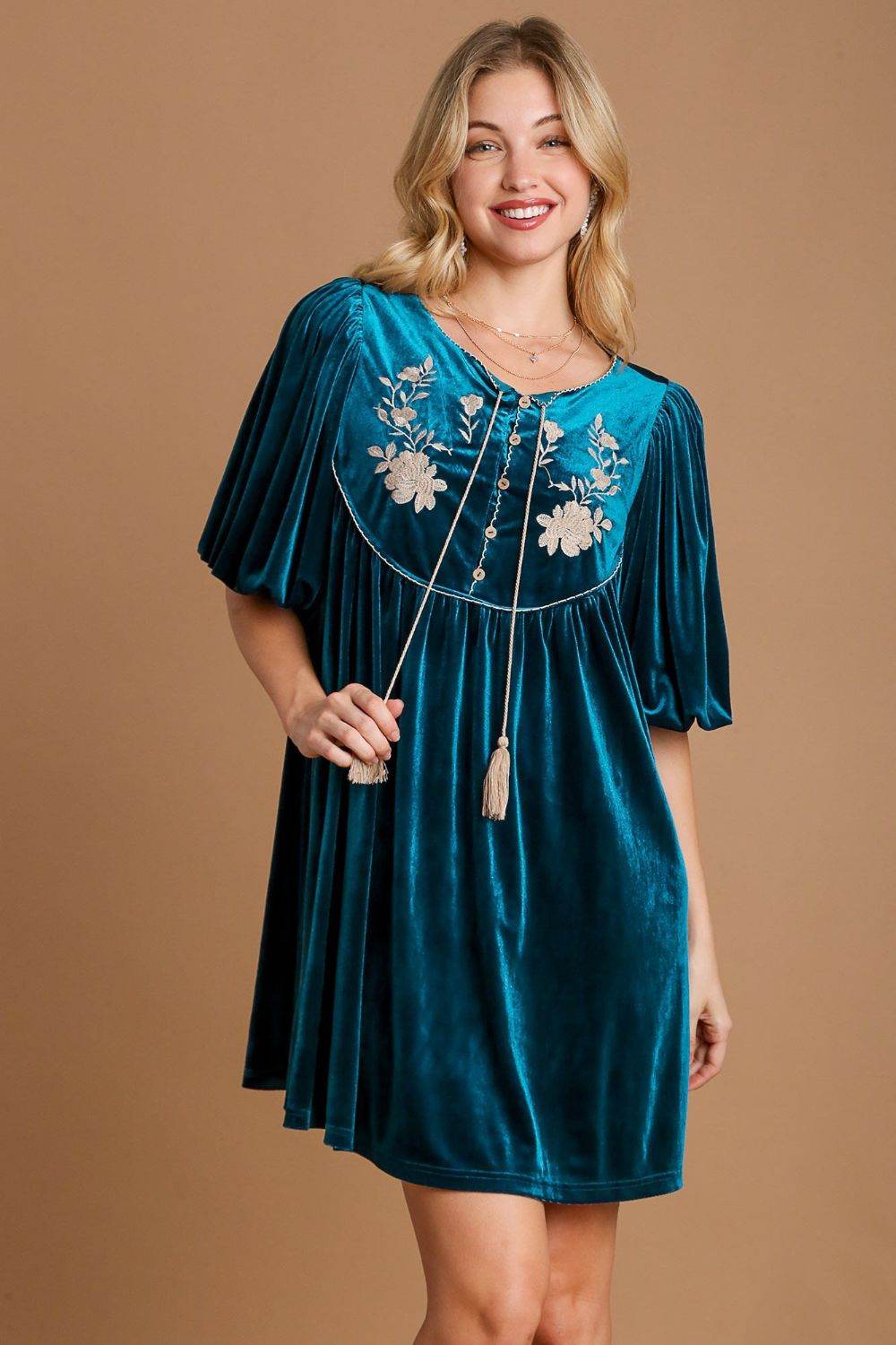 Umgee Embroidered Half Sleeve Velvet Mini Dress with Tassel - Shop Style & More | Fresh Looks, Everyday Deals & Free Shipping