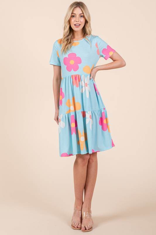 BOMBOM Floral Round Neck Short Sleeve Tiered Dress - Shop Style & More | Fresh Looks, Everyday Deals & Free Shipping