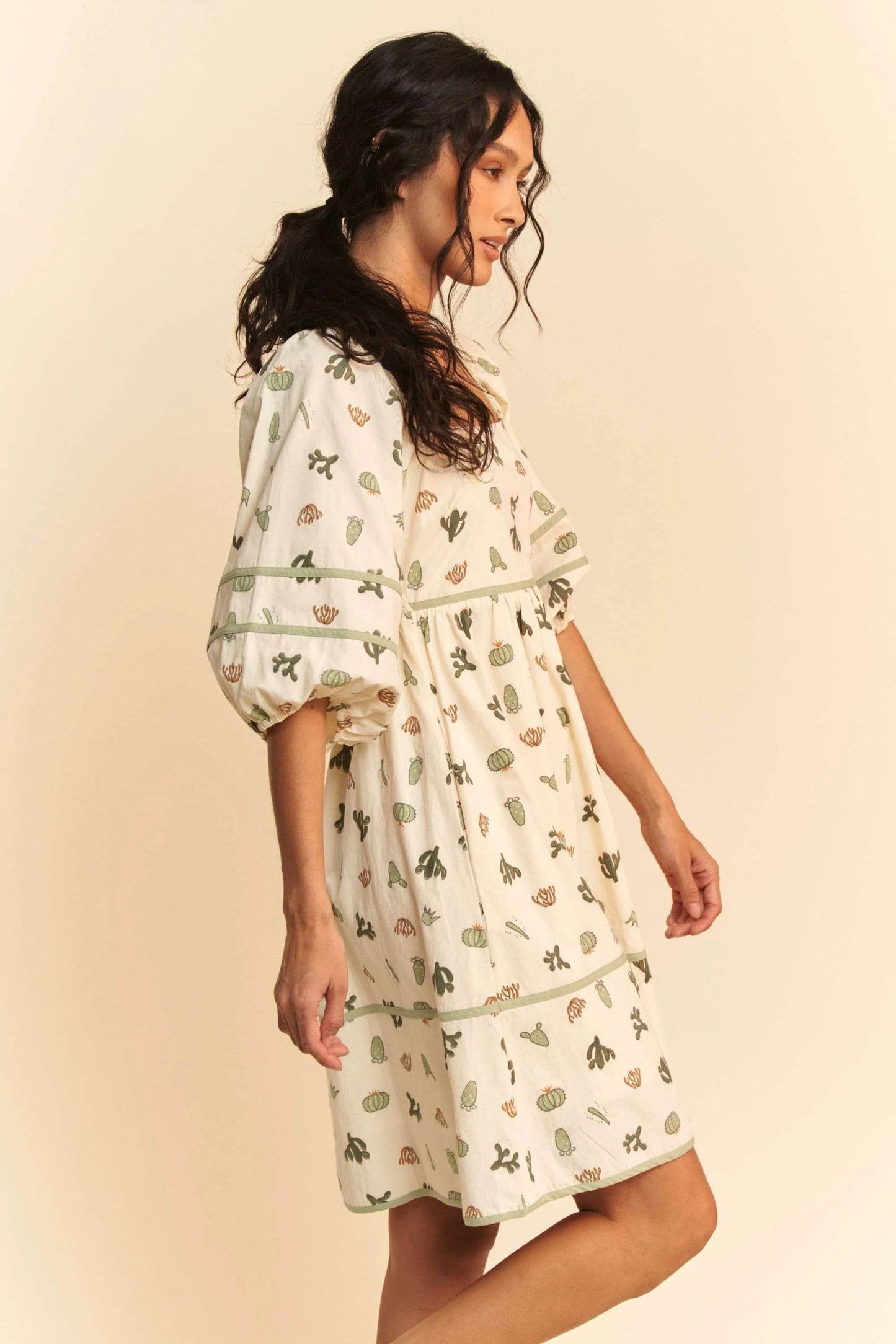 Davi & Dani Cactus Printed Poplin Contrast Piping Mini Dress - Shop Style & More | Fresh Looks, Everyday Deals & Free Shipping