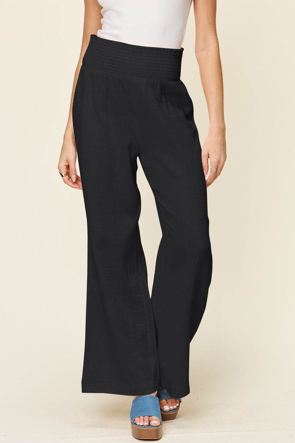 Double Take Full Size Texture Smocked Waist Wide Leg Pants - Shop Style & More | Fresh Looks, Everyday Deals & Free Shipping