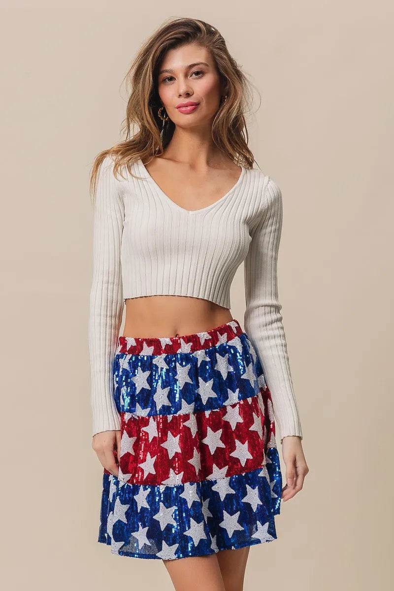 BiBi American Flag Theme Star Sequin Tiered Skirt - Shop Style & More | Fresh Looks, Everyday Deals & Free Shipping