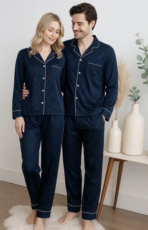 Unisex Navy Silky Button Front LongSleeves PJs Set - Shop Style & More | Fresh Looks, Everyday Deals & Free Shipping