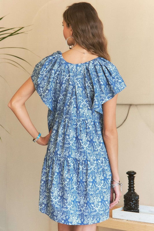 ADORA Printed V-Neck Ruffle Sleeve Mini Dress Dresses - Casual Dresses