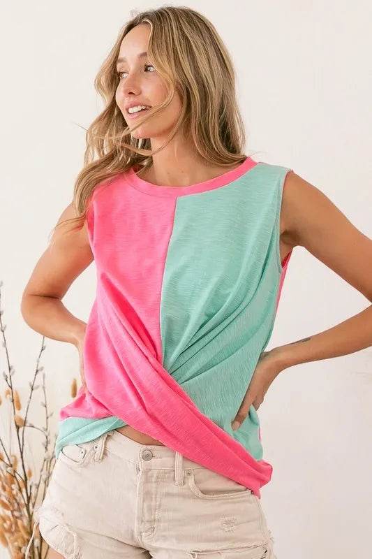 BiBi Slub Terry Color Block Twisted Top - Shop Style & More | Fresh Looks, Everyday Deals & Free Shipping