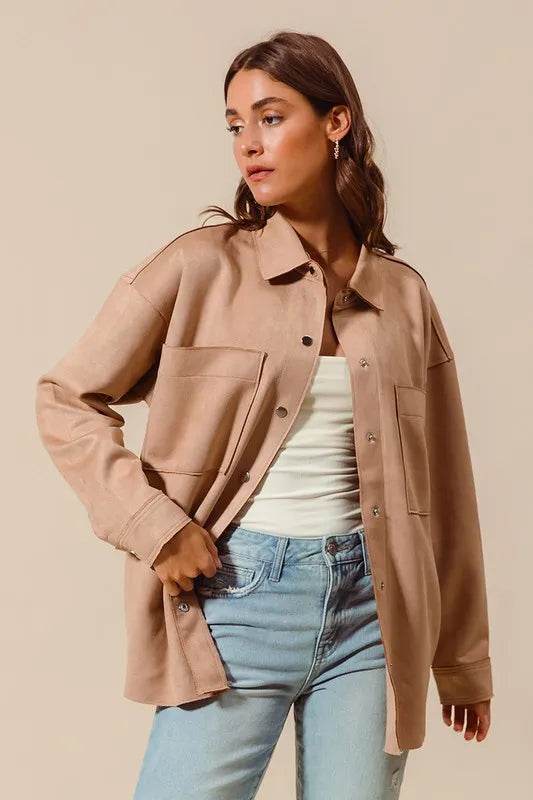 SO ME Faux Sued Snap Shacket with Collar and Pockets - Shop Style & More | Fresh Looks, Everyday Deals & Free Shipping