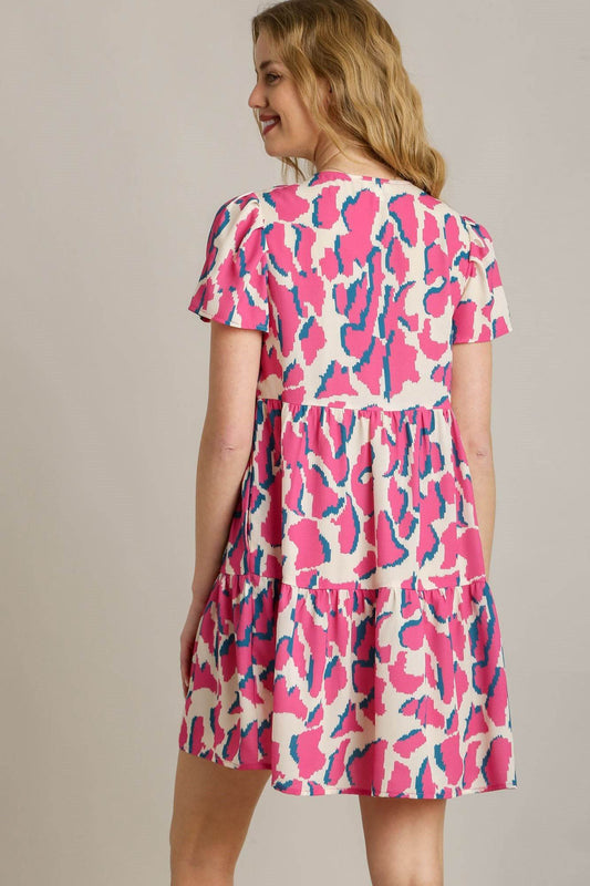 Umgee Full Size Abstract Print Pleat Detail Short Sleeve V-Neck Tiered Dress Plus Size - Shop Style & More | Fresh Looks, Everyday Deals & Free Shipping