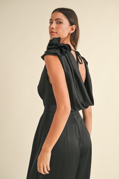MABLE 3D Floral Applique Deep Cowl Neck Jumpsuit Jumpsuits