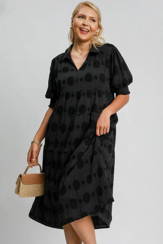 Umgee Full Size Swiss Dot Jacquard Tiered Midi Dress Plus Size - Shop Style & More | Fresh Looks, Everyday Deals & Free Shipping