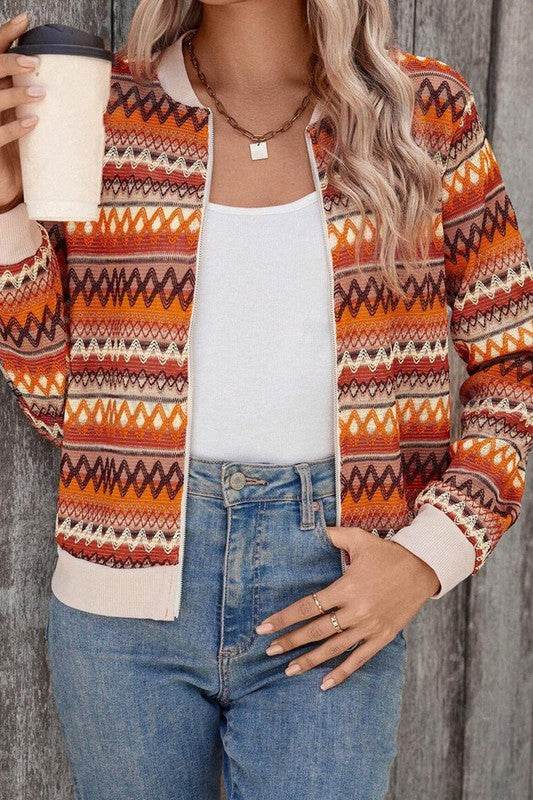 Orange Boho Striped Zip Up Long Sleeve Jacket - Shop Style & More | Fresh Looks, Everyday Deals & Free Shipping