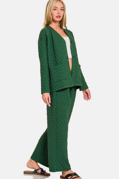 Zenana Quilted Button Up Long Sleeve Top and Pants Lounge Set - Shop Style & More | Fresh Looks, Everyday Deals & Free Shipping