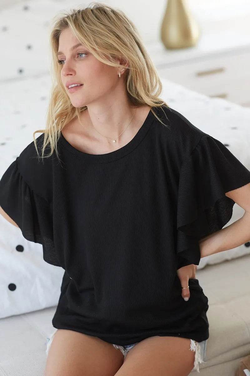 BiBi Thermal Knit with Ruffled Sleeve Top - Shop Style & More | Fresh Looks, Everyday Deals & Free Shipping