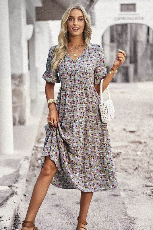 Boho Floral Ruffle Hem V Neck Short Sleeve Dress - Shop Style & More | Fresh Looks, Everyday Deals & Free Shipping