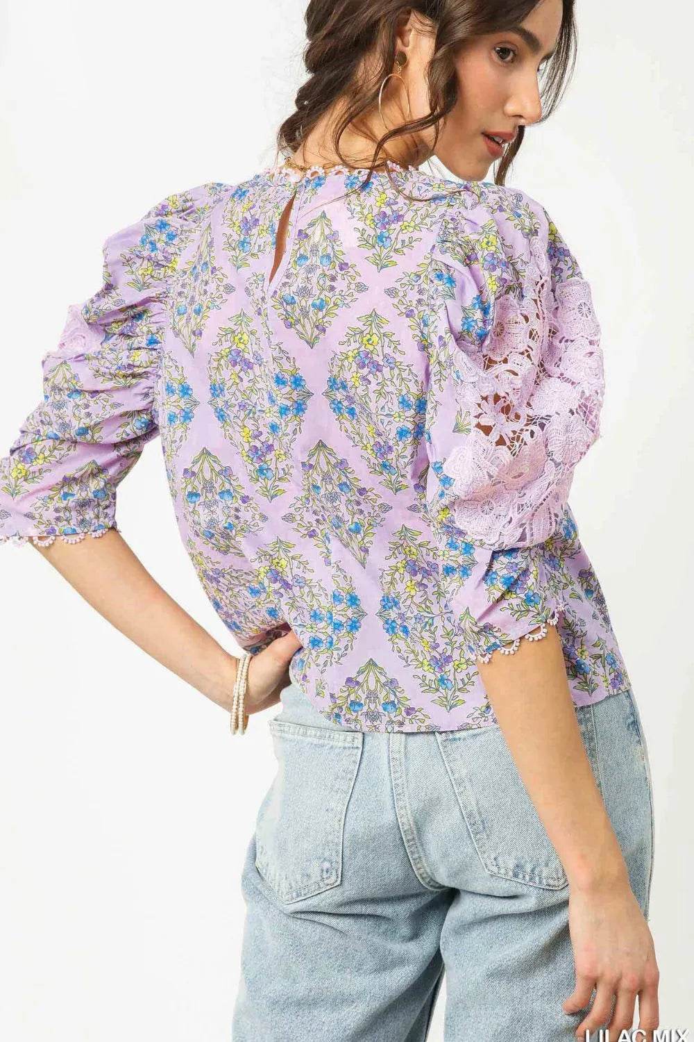 Umgee Printed Lace Puff Sleeve Blouse - Shop Style & More | Fresh Looks, Everyday Deals & Free Shipping
