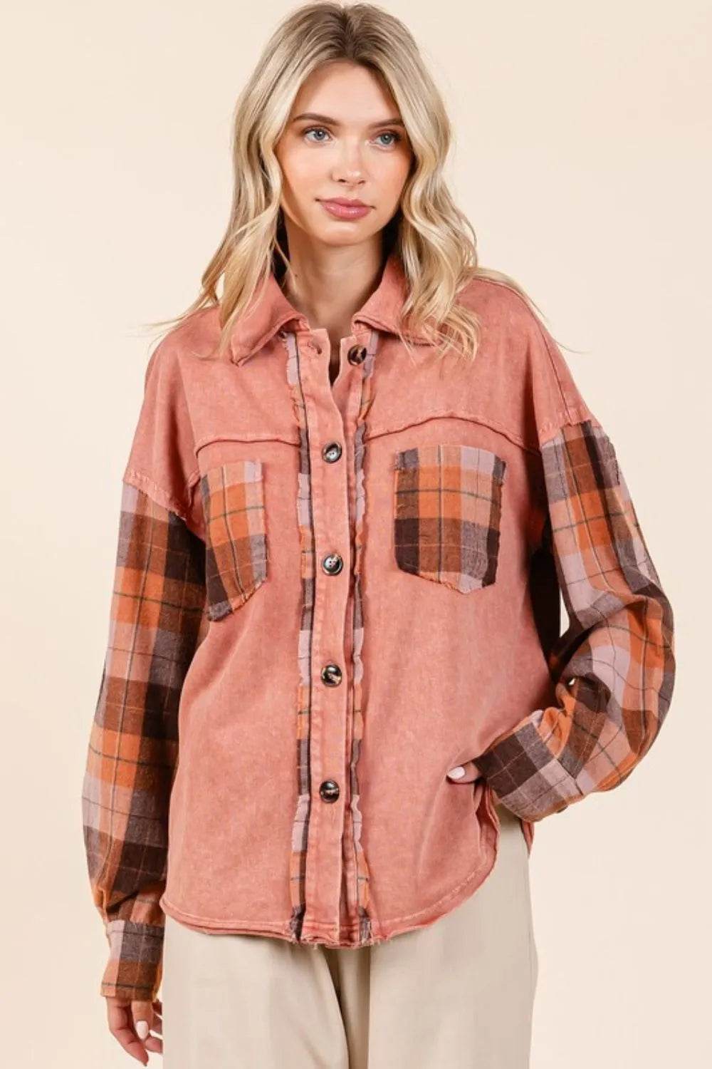 Mittoshop Button Down Contrast Plaid Patchwork Shacket - Shop Style & More | Fresh Looks, Everyday Deals & Free Shipping