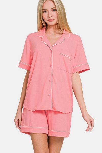 Zenana Button Down Short Sleeve Top and Shorts Lounge Set - Shop Style & More | Fresh Looks, Everyday Deals & Free Shipping