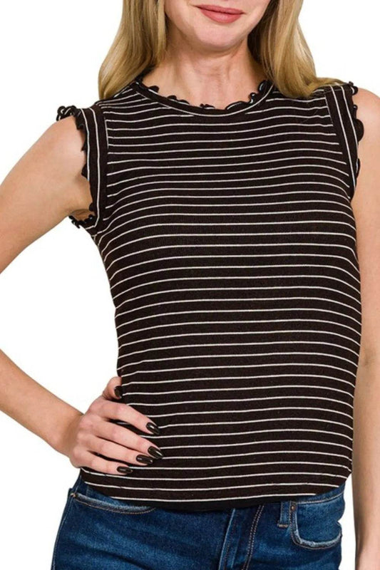 Zenana Ribbed Ruffle Trim Sleeveless Stripe Top - Shop Style & More | Fresh Looks, Everyday Deals & Free Shipping