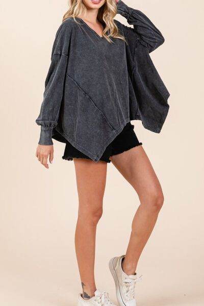 Mittoshop Mineral Wash V-Neck Long Sleeve Oversized Top - Shop Style & More | Fresh Looks, Everyday Deals & Free Shipping