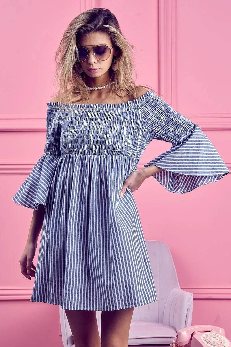 BiBi Smocked Off Shoulder Striped Dress - Shop Style & More | Fresh Looks, Everyday Deals & Free Shipping