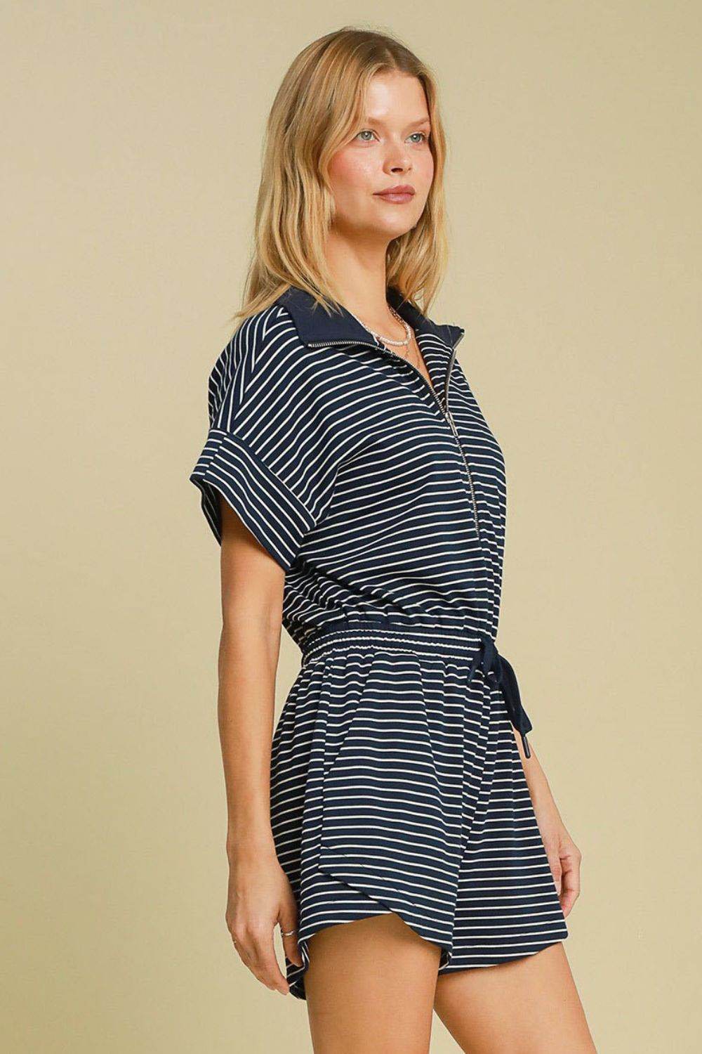Umgee Full Size Half Zip Striped Romper Plus Size - Shop Style & More | Fresh Looks, Everyday Deals & Free Shipping