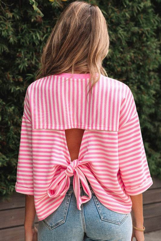 Riley Stripe Bowknot Cutout Back Loose Top - Shop Style & More | Fresh Looks, Everyday Deals & Free Shipping