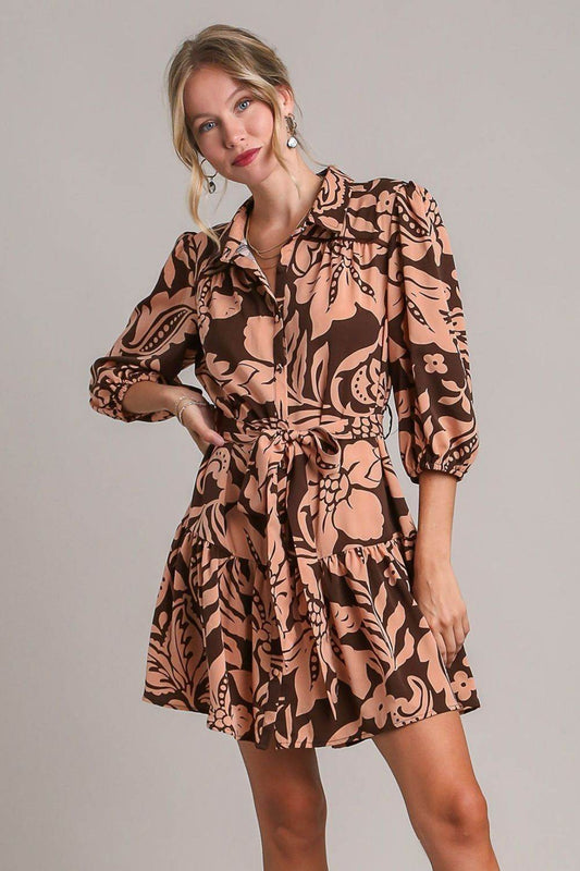 Umgee Full Size Two Tone Floral Print Puff Sleeve Tie Waist Dress Plus Size - Shop Style & More | Fresh Looks, Everyday Deals & Free Shipping