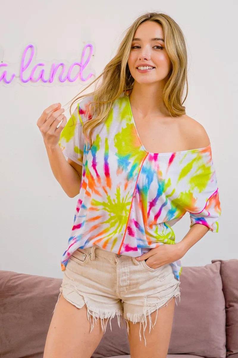 BiBi Tie Dye Print Jersey Stitched V Neck Top - Shop Style & More | Fresh Looks, Everyday Deals & Free Shipping