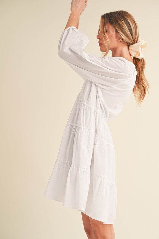 Aemi + Co Notched Balloon Sleeve Tiered Mini Dress - Shop Style & More | Fresh Looks, Everyday Deals & Free Shipping