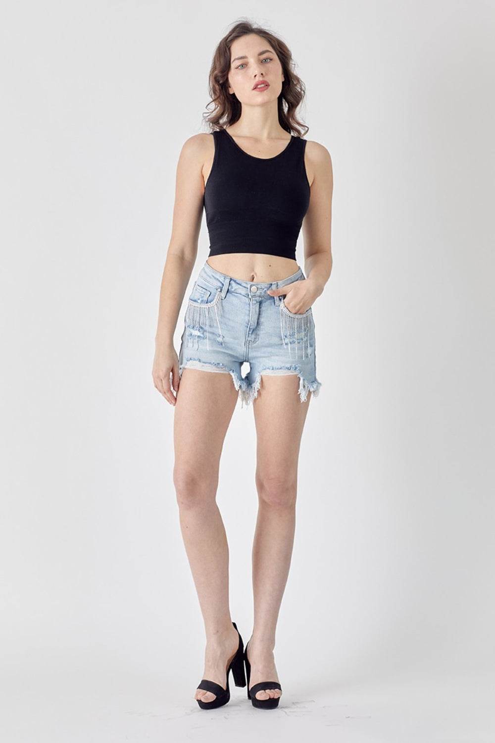 RISEN Frayed Hem Denim Shorts with Fringe Detail Pockets - Shop Style & More | Fresh Looks, Everyday Deals & Free Shipping