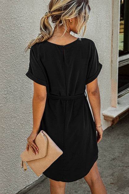 Solid Round Neck Tie Waist Belt Fit Dress - Shop Style & More | Fresh Looks, Everyday Deals & Free Shipping