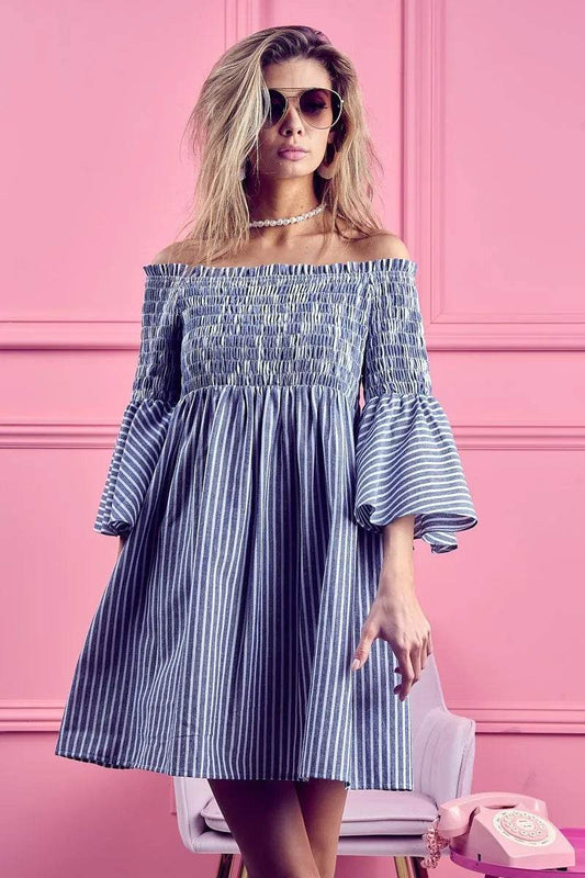 BiBi Smocked Off Shoulder Striped Dress - Shop Style & More | Fresh Looks, Everyday Deals & Free Shipping