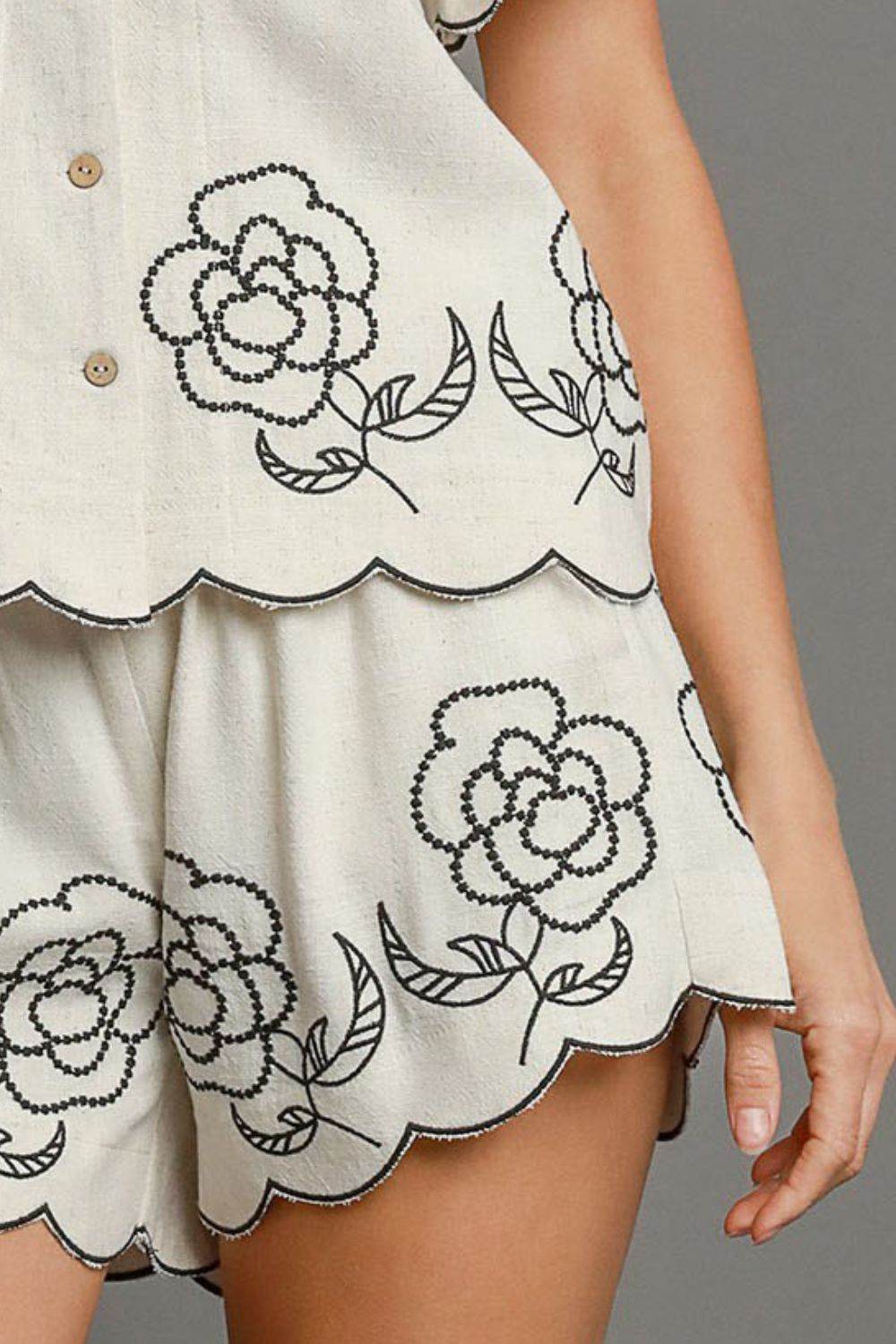 Umgee Full Size Linen Blend Shorts with Floral Embroidered Details Plus Size - Shop Style & More | Fresh Looks, Everyday Deals & Free Shipping