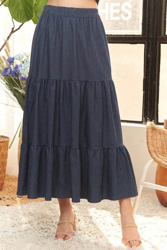 ADORA Waist Band Tiered Denim Maxi Skirt - Shop Style & More | Fresh Looks, Everyday Deals & Free Shipping