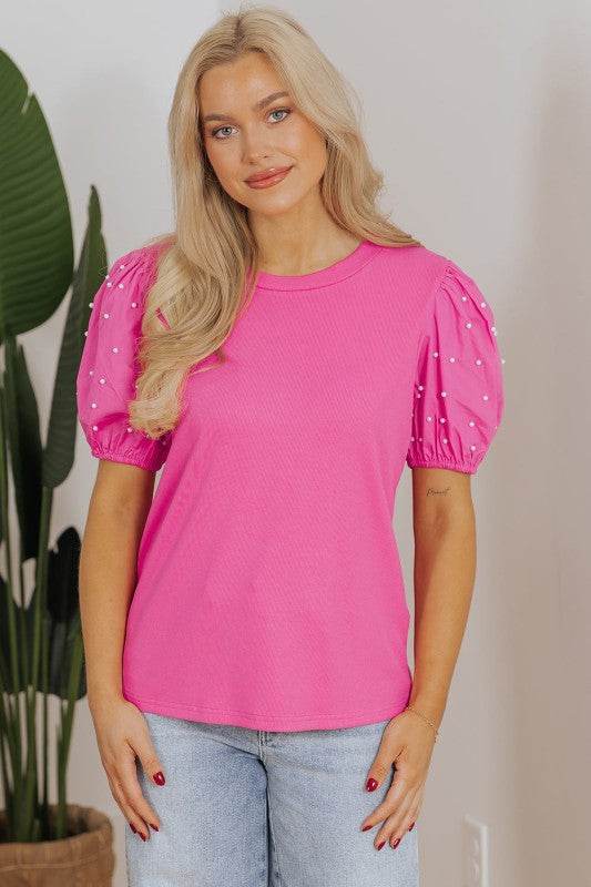 Shiloh Ribbed Pearl Beaded Puff Sleeve Top - Shop Style & More | Fresh Looks, Everyday Deals & Free Shipping