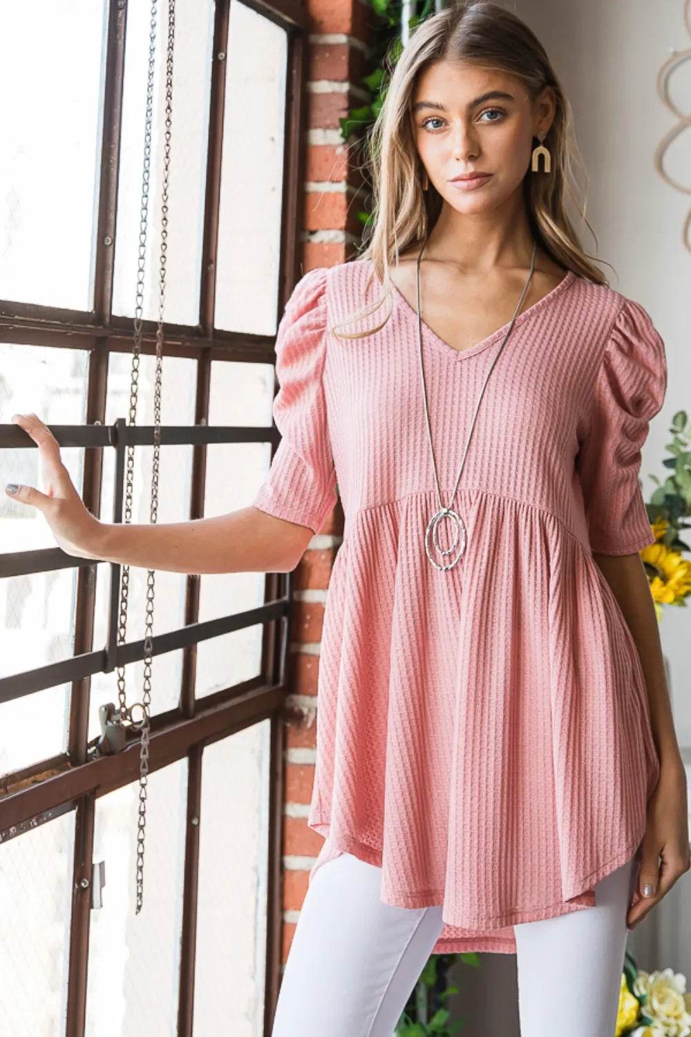 Heimish Full Size Waffle Knit V-Neck Babydoll Top - Shop Style & More | Fresh Looks, Everyday Deals & Free Shipping