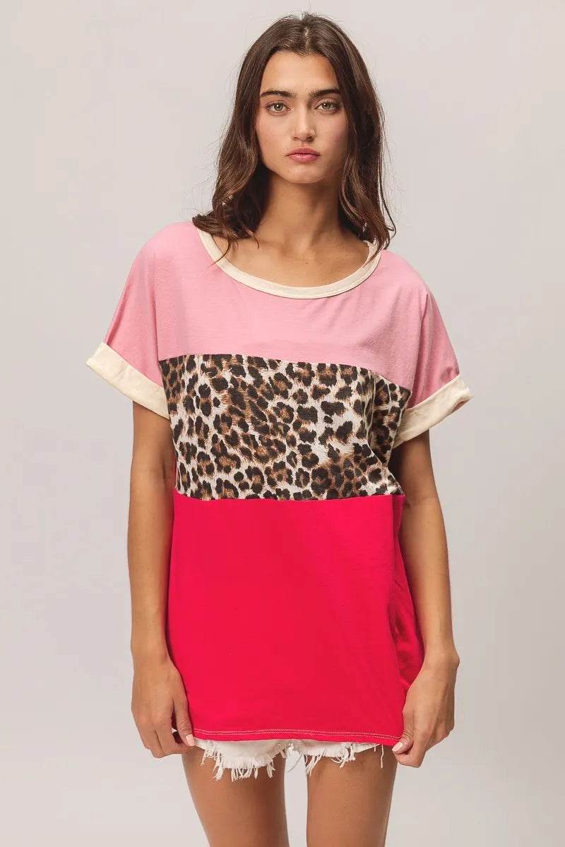BiBi Leopard Printed Jersey Color Block Roll Up - Shop Style & More | Fresh Looks, Everyday Deals & Free Shipping