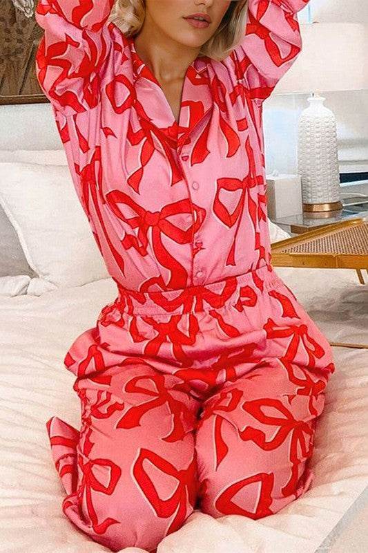 2pcs Bow Print Shirt Style Long Sleeve Pajama Set - Shop Style & More | Fresh Looks, Everyday Deals & Free Shipping
