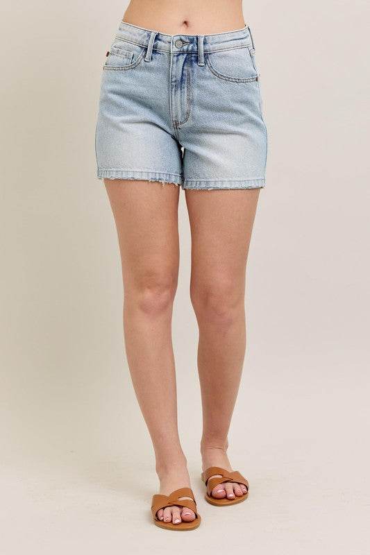 Judy Blue Full Size Frayed Hem High Rise Denim Shorts with Pockets Plus Size - Shop Style & More | Fresh Looks, Everyday Deals & Free Shipping