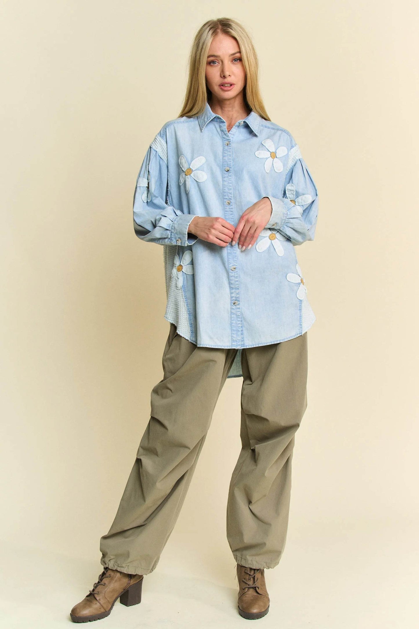 Davi & Dani Lightweight Washed Daisy Patch Waffle Knit Shirt - Shop Style & More | Fresh Looks, Everyday Deals & Free Shipping
