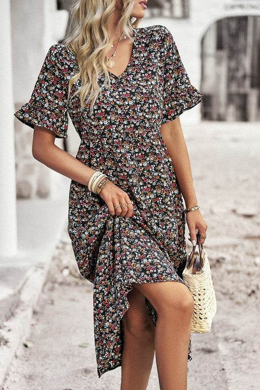 Boho Floral Ruffle Hem V Neck Short Sleeve Dress - Shop Style & More | Fresh Looks, Everyday Deals & Free Shipping