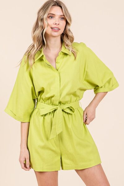 Mittoshop Tie Waist Half Sleeve Romper Lime Jumpsuits