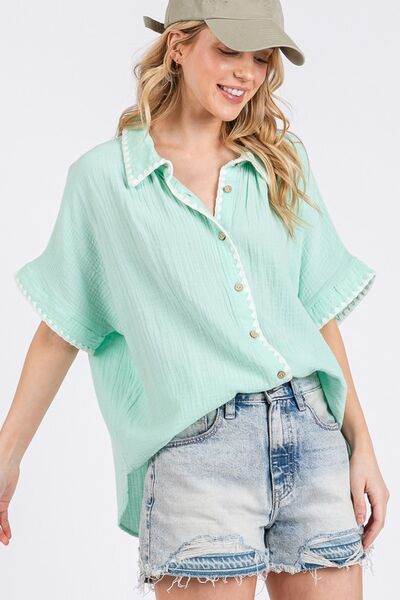 SAGE+FIG Boho Contrast Zigzag Trim Gauze Button-Up Shirt - Shop Style & More | Fresh Looks, Everyday Deals & Free Shipping