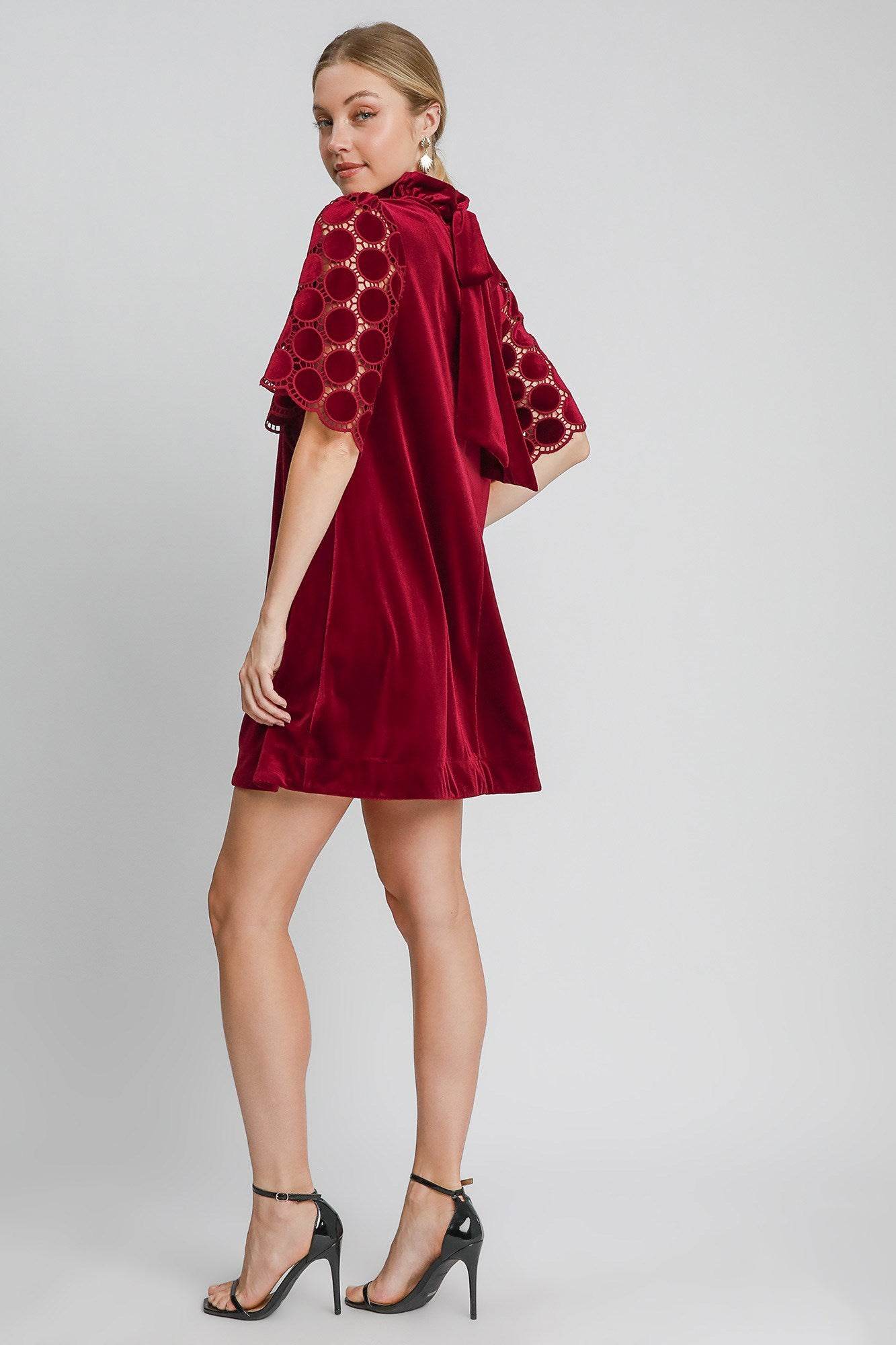 Umgee Dotted Lace Half Sleeve Mock Neck Back Tie Velvet Dress - Shop Style & More | Fresh Looks, Everyday Deals & Free Shipping