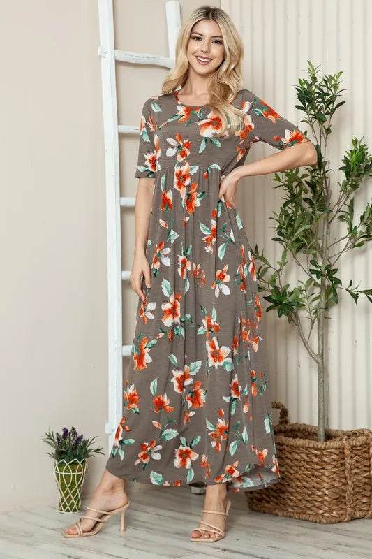 BOMBOM Floral Round Neck Short Sleeve Maxi Tee Dress - Shop Style & More | Fresh Looks, Everyday Deals & Free Shipping